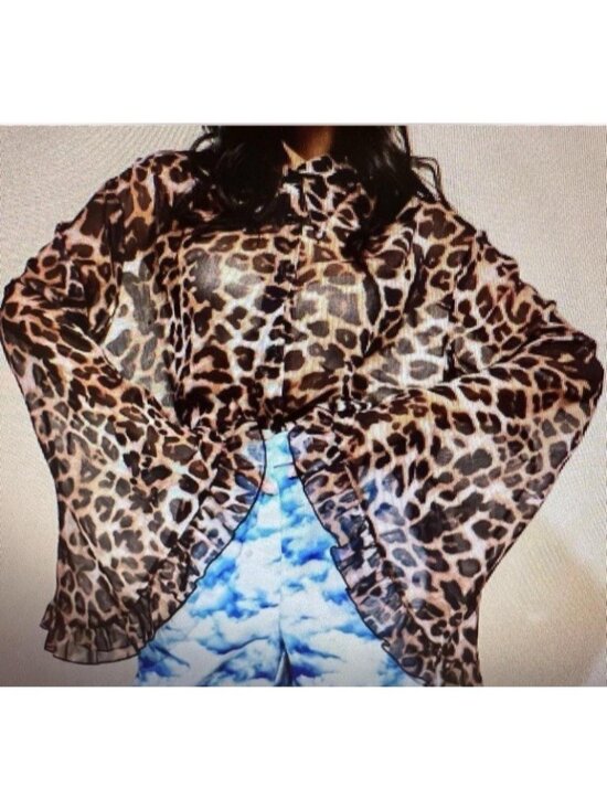 Dressed in LALA Tops - lala Sheer Leopard Print Chiffon Bell Sleeve Ruffle Blouse, S